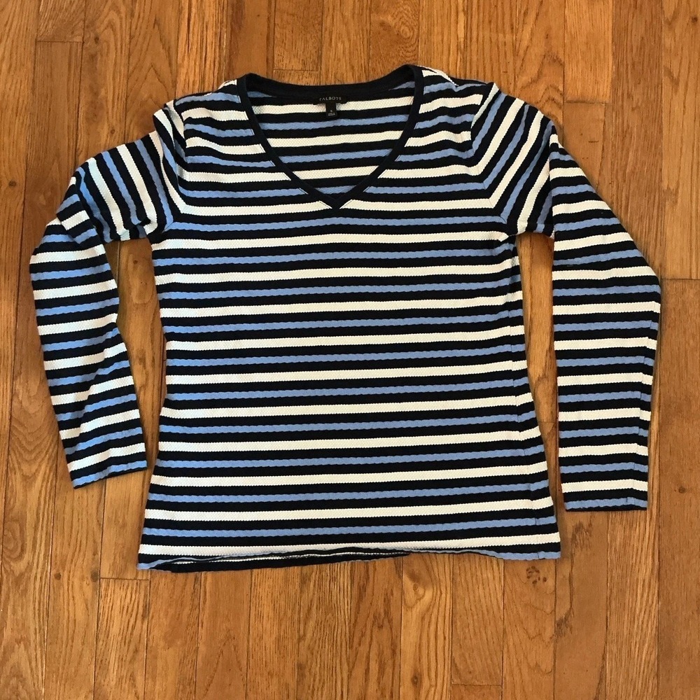 Talbots 100% Cotton V-Neck Textured Stripe Long Sleeve T-Shirt Size Small - Picture 1 of 6